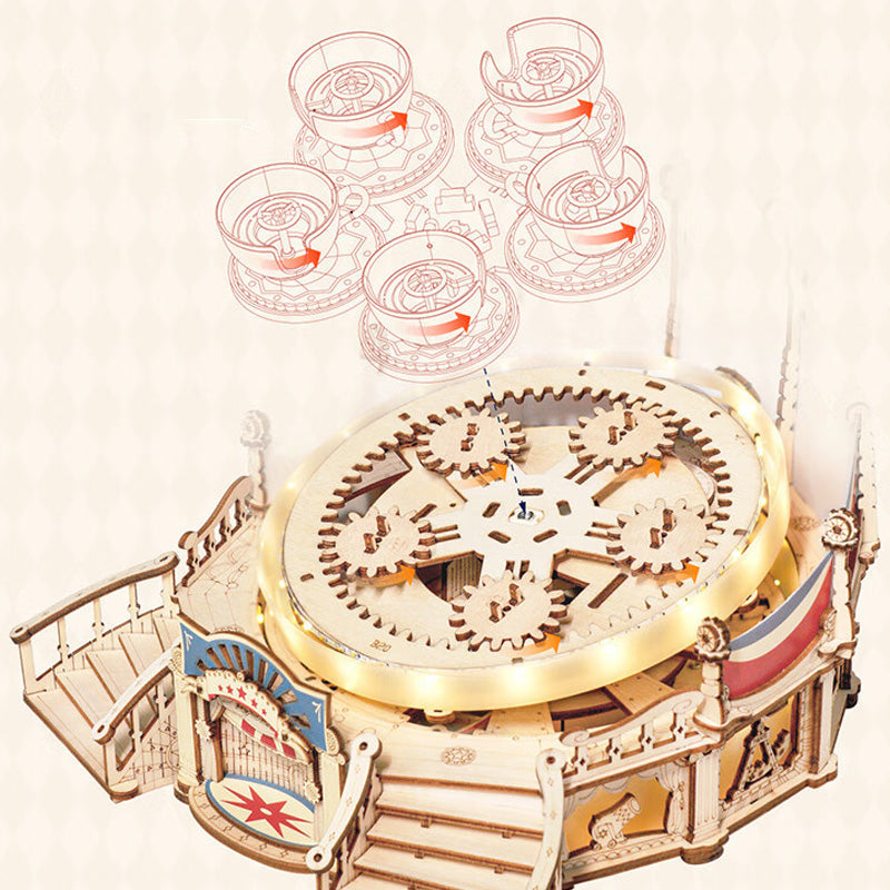 Aarenza DIY wooden puzzle carousel music box for kids, featuring intricate wooden pieces and a colorful spinning carousel design.