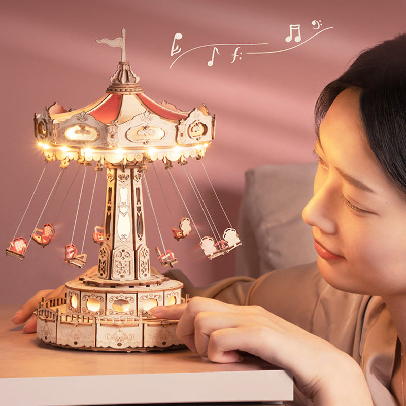 Aarenza DIY Wooden Puzzles Carousel Music Box toy with intricate carved details, designed for kids and gift-giving.