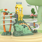 Arenzza electric dual track dinosaur slide toy with colorful tracks, lights, and interactive features for kids' play and fun.