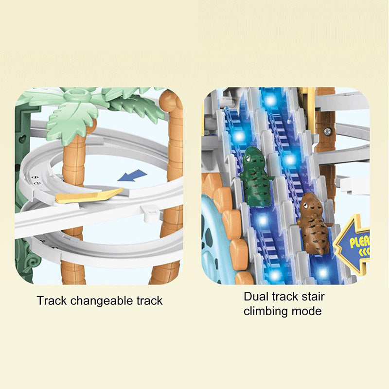 Arenzza electric dual track dinosaur slide toy with colorful tracks, lights, and interactive features for kids' fun and play.