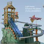 Arenzza electric dual track dinosaur slide toy with colorful lights and track-changing features for kids' interactive fun.