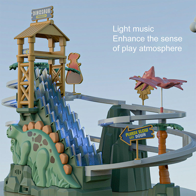 Arenzza electric dual track dinosaur slide toy with colorful lights and track-changing features for kids' interactive fun.