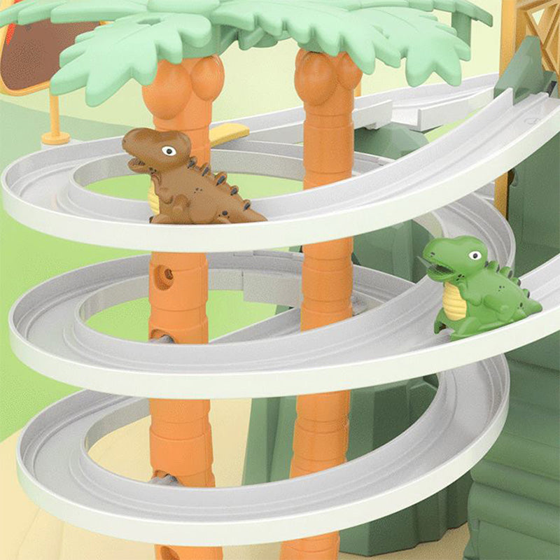 Arenzza electric dual track dinosaur slide toy for kids featuring colorful tracks, lights, and interactive fun.