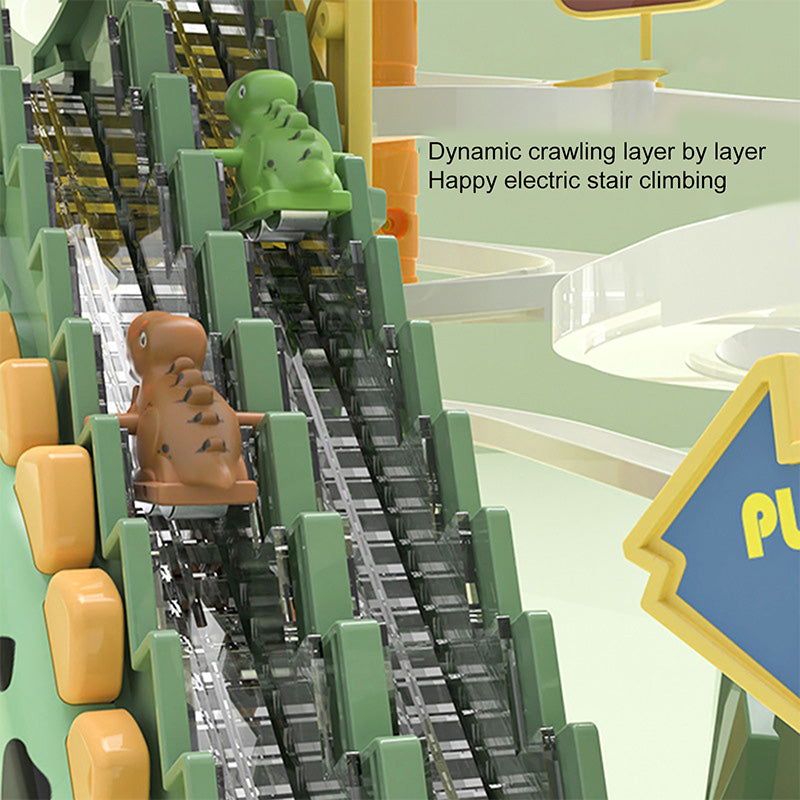 Arenzza electric dual track dinosaur slide toy with colorful tracks, lights, and interactive features for kids' fun and play.