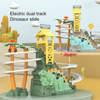 Arenzza electric dual track dinosaur slide toy with colorful tracks, lights, and interactive features for kids' fun.