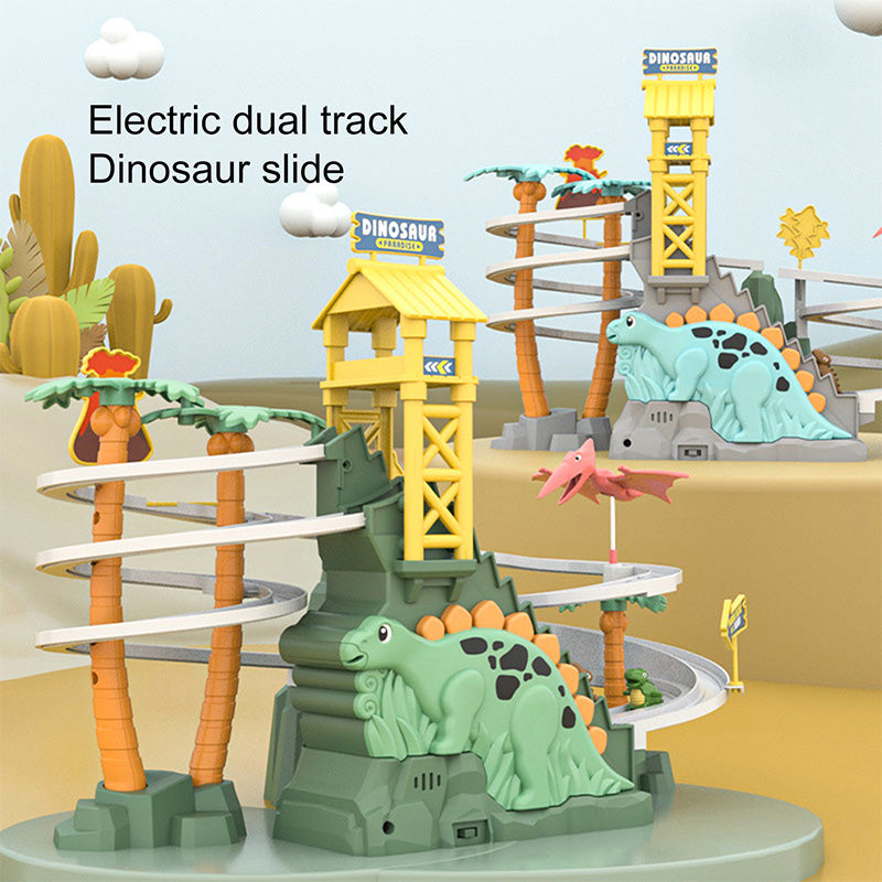 Arenzza electric dual track dinosaur slide toy with colorful tracks, lights, and interactive features for kids' fun.