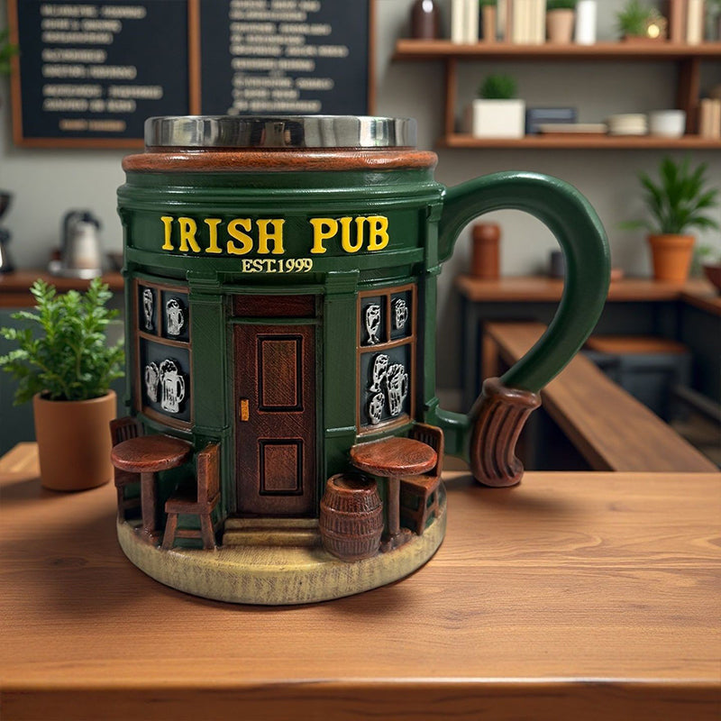 Arenzza 3D Irish Pub resin mug featuring detailed Irish pub scene, perfect for toys, kids, and gifts.