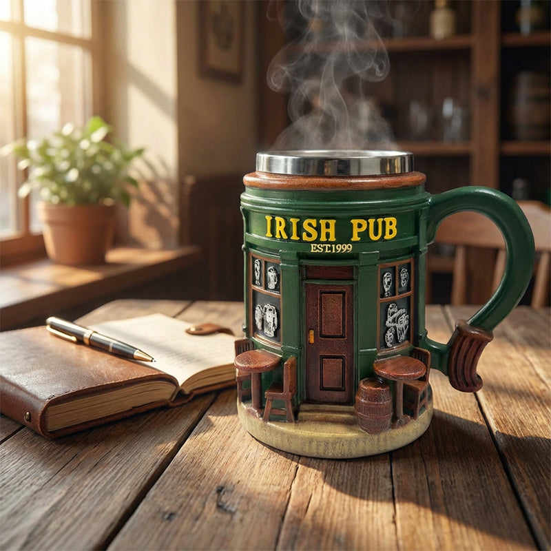 Arenzza 3D Irish Pub Resin Mug designed for toys, kids, and gifts, featuring a detailed Irish pub scene on a sturdy resin mug.