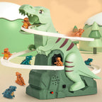 Arenzza Electric Dinosaur Chase Race Track Playset with colorful toy dinosaurs and race track for kids' imaginative play.