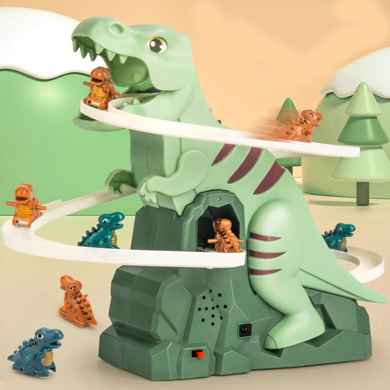 Arenzza Electric Dinosaur Chase Race Track Playset with colorful toy dinosaurs and race track for kids' imaginative play.