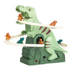 Arenzza electric dinosaur chase race track playset for kids, featuring colorful tracks and dinosaur-themed toy cars.