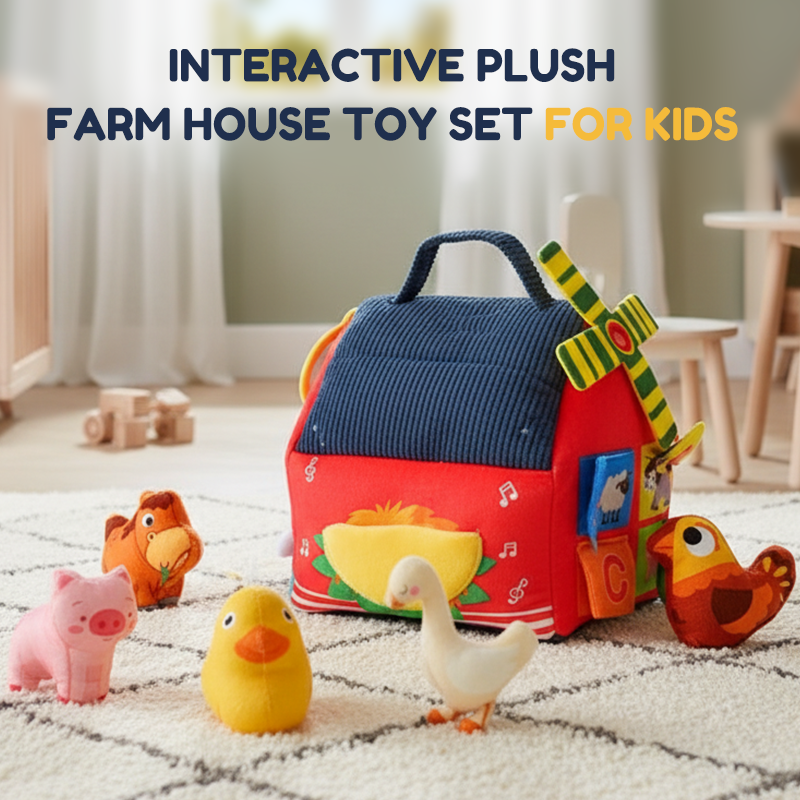 Arenzza interactive plush farm house toy set for kids, featuring soft farm animals and accessories in vibrant colors.
