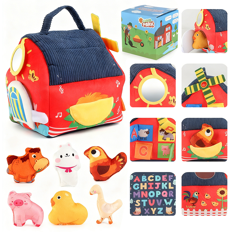 Colorful Arenzza Interactive Plush Farm House toy set for kids with soft plush animals and farm-themed accessories.