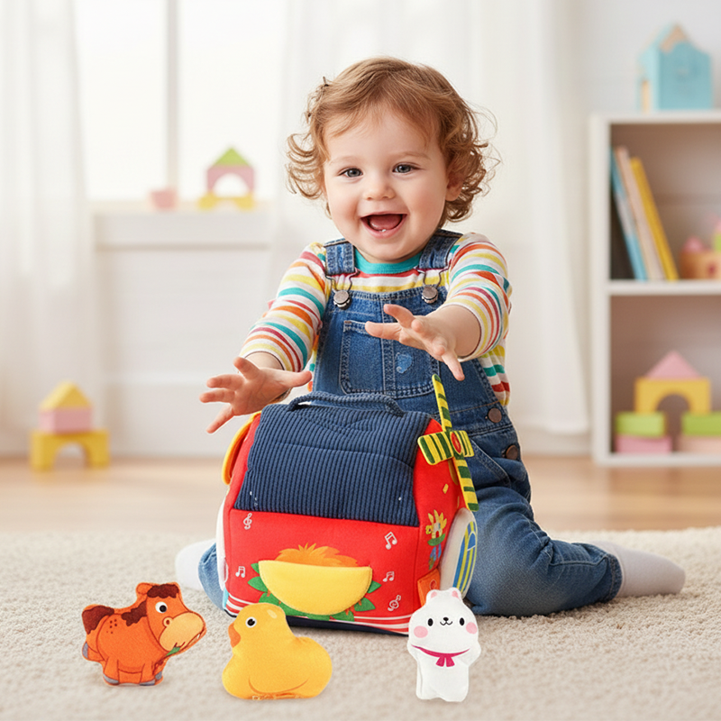 Aarenza Interactive Plush Farm House Toy Set for Kids, featuring colorful plush farm animals and a cozy farm house play scene.