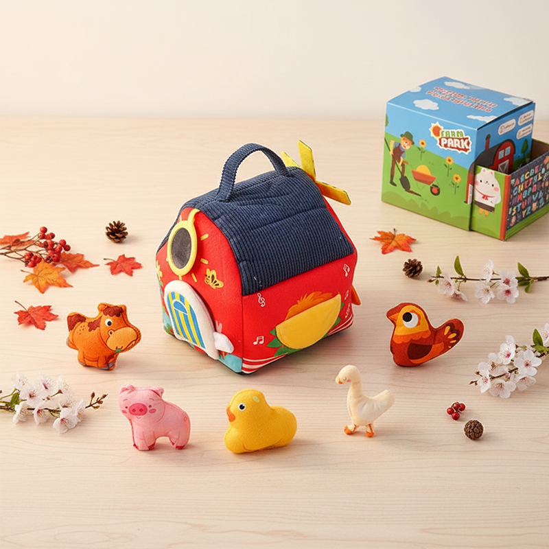 Arenzza Interactive Plush Farm House toy set for kids featuring colorful plush animals, farm buildings, and accessories.