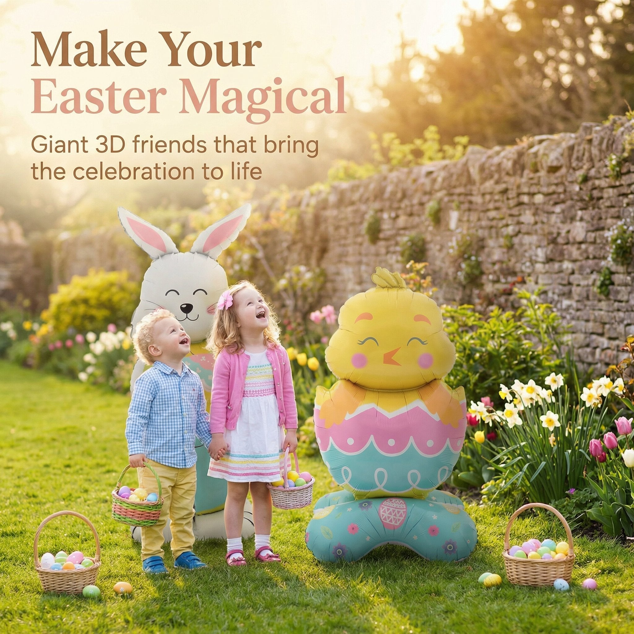 A giant 3D standing bunny balloon from Arenzza, perfect for Easter celebrations, with colorful festive details and self-supporting design.