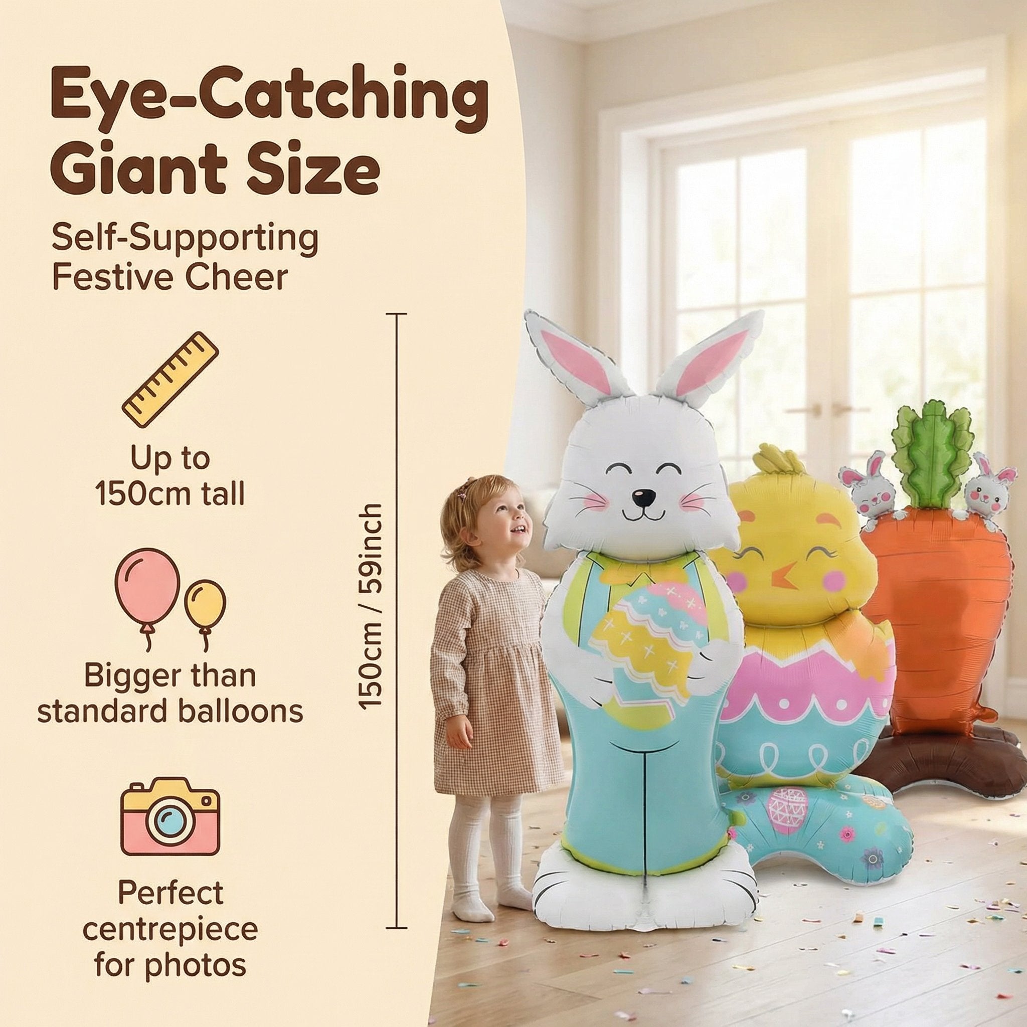 A giant 3D standing bunny balloon in white with pink accents, designed for Easter celebrations, by Arenzza.