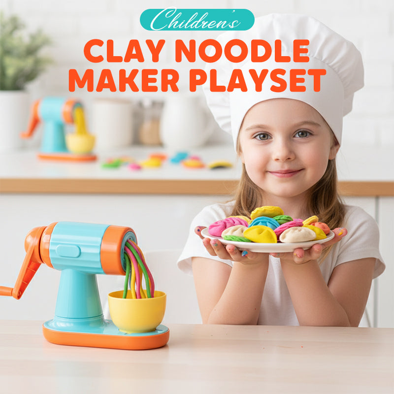 Arenzza Kids Clay Noodle Maker Playset with colorful clay and tools for creative play, designed for children’s arts and crafts.