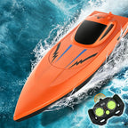 Arenzza 2.4G high-speed RC toy boat with dual motors sailing on water, designed for kids and outdoor fun.