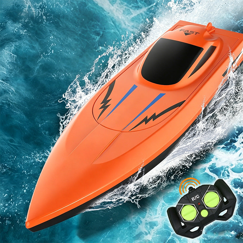 Arenzza 2.4G high-speed RC toy boat with dual motors sailing on water, designed for kids and outdoor fun.