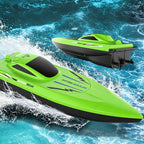 Arenzza 2.4G high-speed RC boat with dual motors, toy boat designed for kids, featuring sleek blue and white color.
