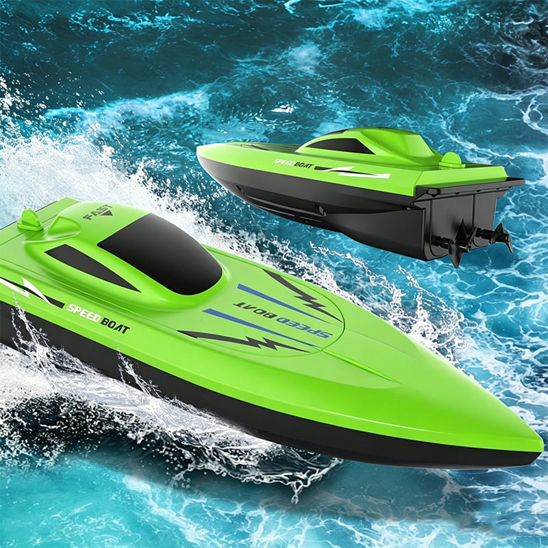 Arenzza 2.4G high-speed RC boat with dual motors, toy boat designed for kids, featuring sleek blue and white color.