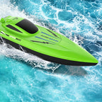 Arenzza 2.4G high-speed RC boat with dual motors, toy boat for kids, featuring sleek design and vibrant colors on water.