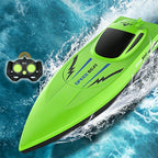 Arenzza 2.4G high-speed RC boat with dual motors, toy boat designed for kids, featuring sleek white and blue design.