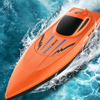 Arenzza 2.4G high-speed RC boat with dual motors, colorful toy boat on water, suitable for kids and outdoor play.