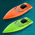 Arenzza 2.4G high-speed RC boat with dual motors, toy watercraft designed for kids, floating on water with colorful details.