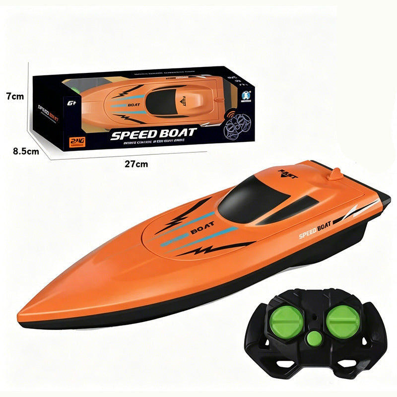Aarenzza 2.4G high-speed RC boat with dual motors, kids' toy boat for outdoor play, featuring sleek design and remote control.