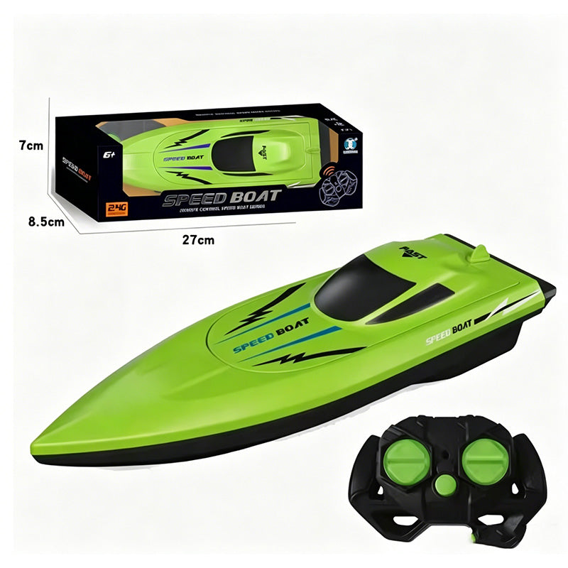 Arenzza 2.4G high-speed RC boat with dual motors, white and blue toy boat on water, designed for kids and recreational use.