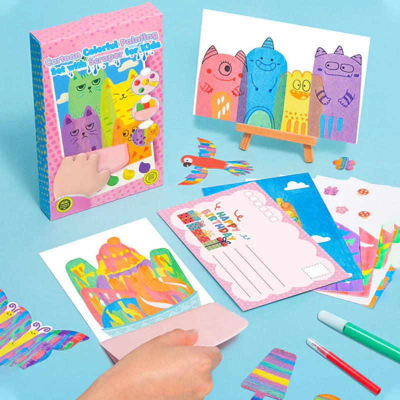 Colorful cartoon painting set for kids by Arenzza featuring brushes and scraper, ideal for children's arts and crafts activities.