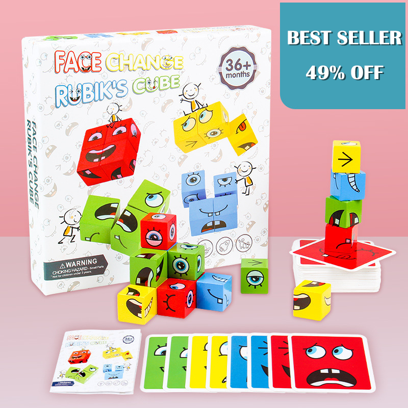 Aarenza 5D puzzle game featuring changing family faces, educational toy for kids, with colorful puzzle pieces and family images.
