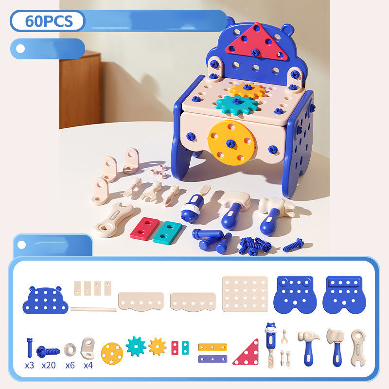 Arenzza 60-piece kids pretend repair tool set with colorful toy tools, screwdriver, wrench, and hammer for kids' imaginative play.