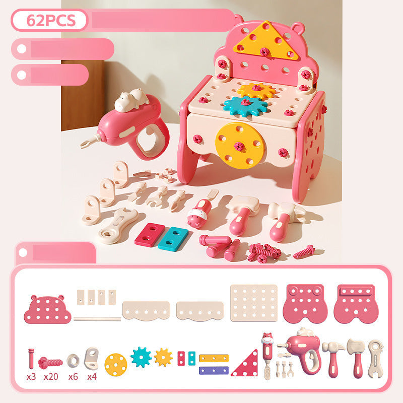 Arenzza 60-piece kids pretend repair tool set with colorful toy tools, screwdriver, hammer, wrench, and accessories for kids' play.