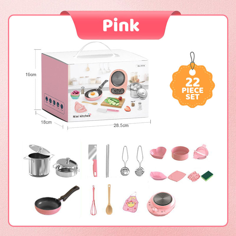 Children's Arenzza mini kitchen toy set with 22 pieces, realistic cooking utensils and accessories for kids' play and gift.