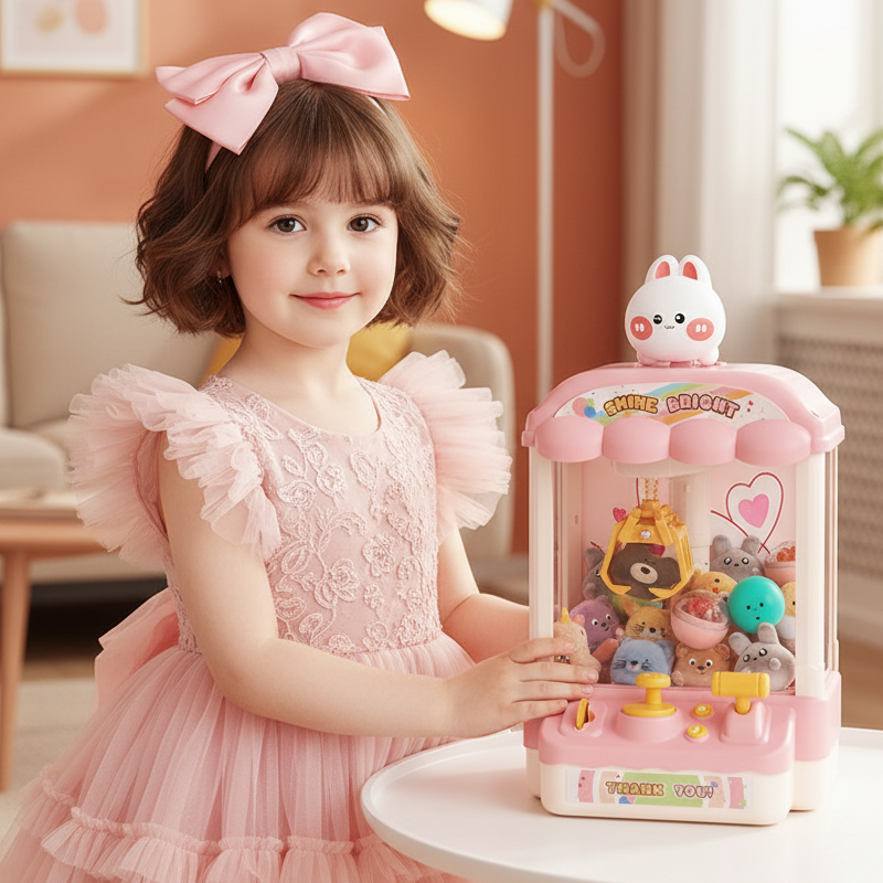 Colorful Arenzza children's claw machine toy with plush dolls and capsules, designed for kids' play and gift fun.
