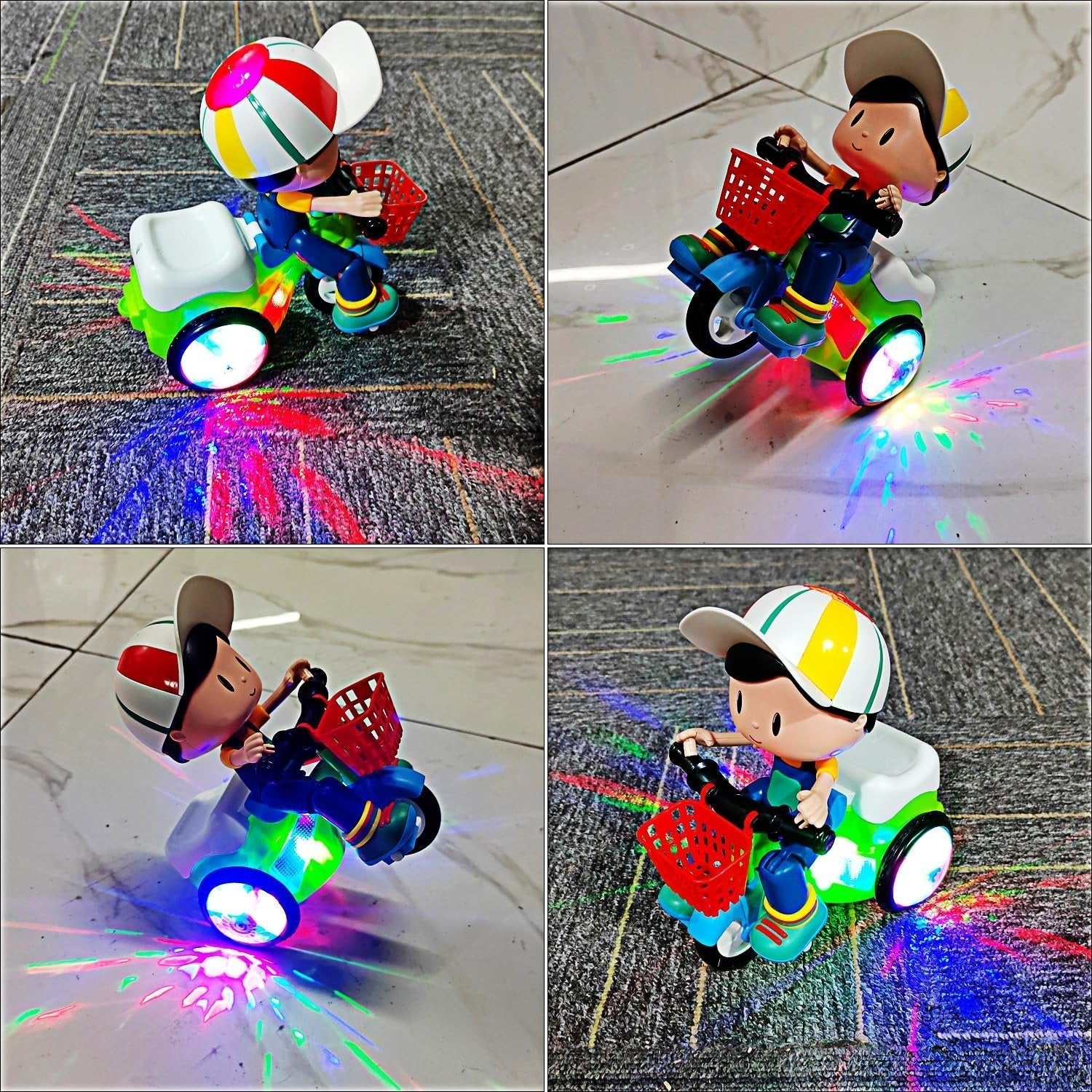 Arenzza stunt spin dance tricycle electric toy for kids with sound, music, and light features, designed for active play and fun.