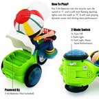 Arenzza stunt spin dance tricycle electric toy for kids with sound, music, and lights, featuring colorful design and playful features.