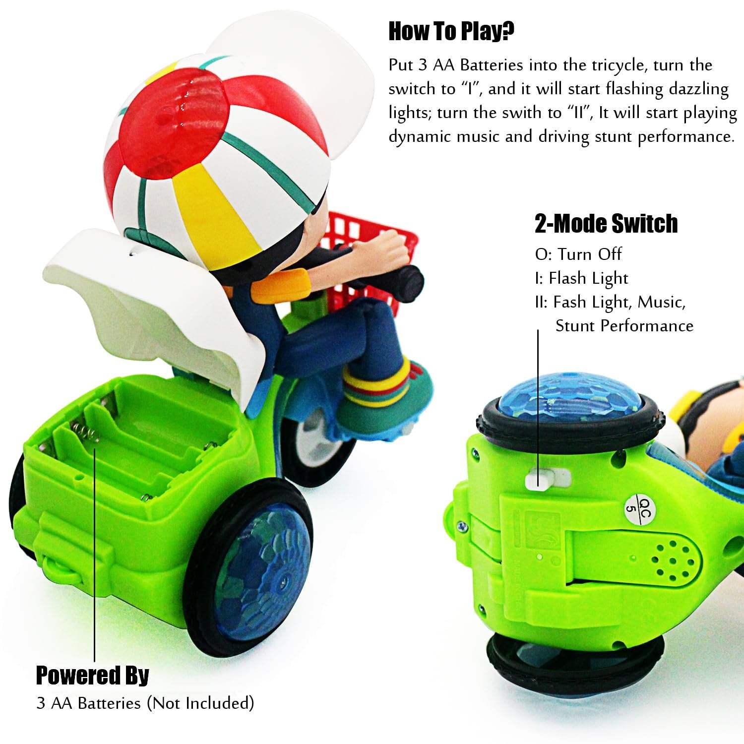 Arenzza stunt spin dance tricycle electric toy for kids with sound, music, and lights, featuring colorful design and playful features.