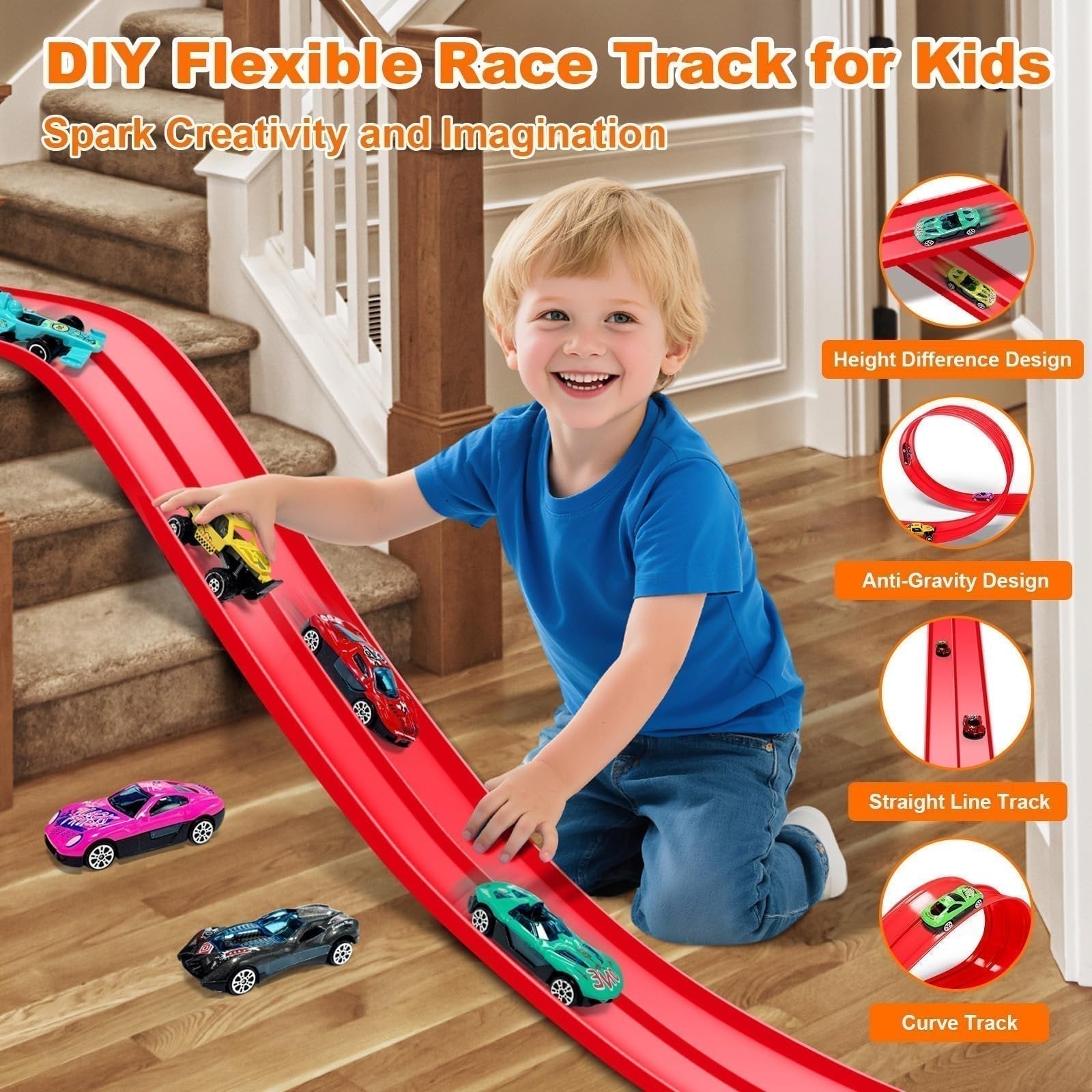 Arenzza DIY Hot Wheels racetrack racing toy for kids, featuring colorful tracks and race cars ready for play.
