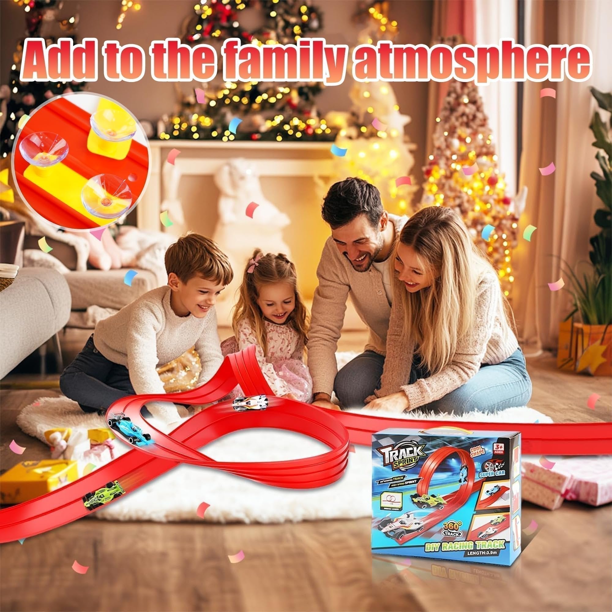 Arenzza 2025 Christmas DIY Hot Wheels racetrack racing toy for kids, featuring colorful racecars and a fun track setup.