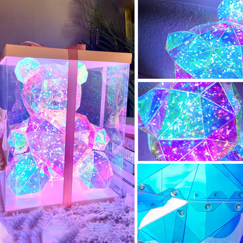Colorful glowing bear toy by Arenzza, designed for kids, with vibrant lights and soft plush texture.