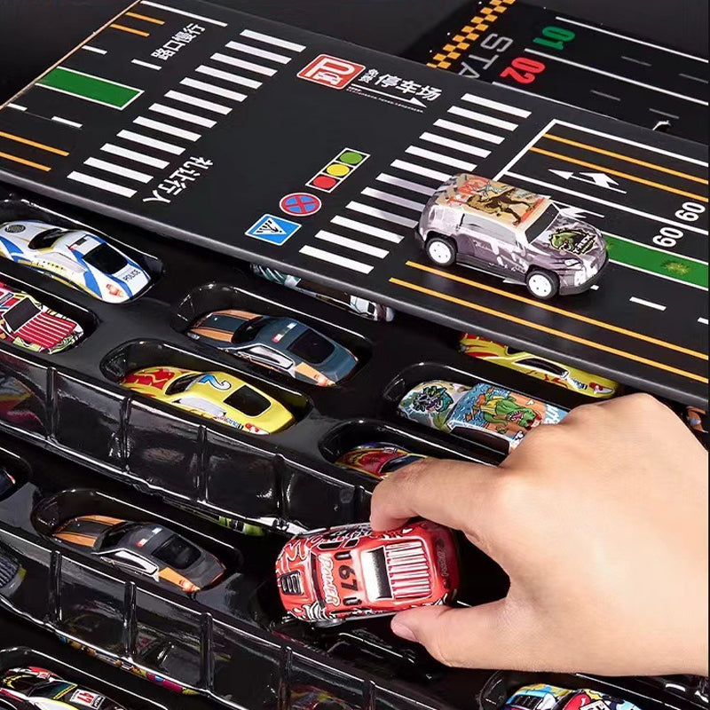 Arenzza mini pull-back cars set with built-in garage, colorful toy cars perfect for kids' play and gift enjoyment.