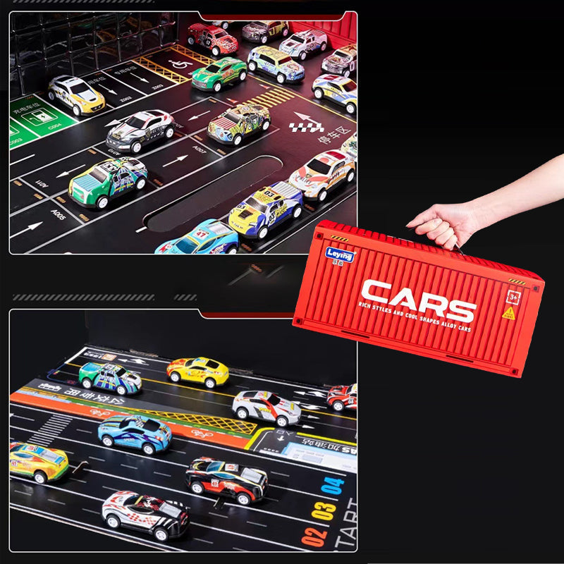 A set of four Arenzza mini pull-back cars with a built-in garage set, colorful toy cars for kids' play and gifts.