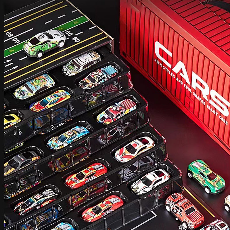 Arenzza mini pull-back toy cars with built-in garage set, colorful and designed for kids' play and gift-giving.