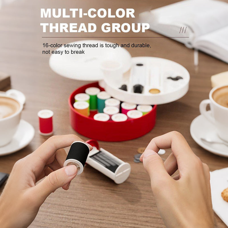 Arenzza rotating magnetic sewing kit for kids and gifts, featuring colorful magnetic pieces and sewing accessories in an organized display.