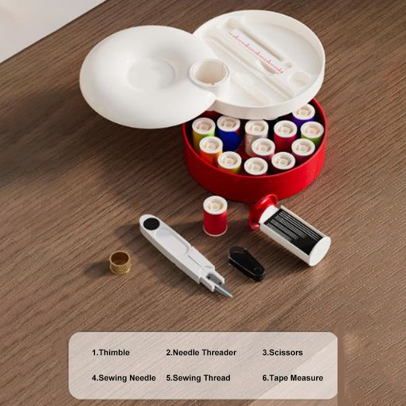 Arenzza rotating magnetic sewing kit for kids with colorful fabric pieces and sewing tools in a compact storage case.