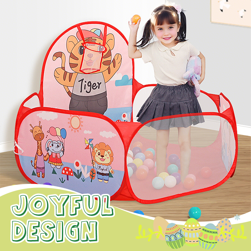 Arenzza foldable children’s ball pool with colorful balls and a basketball hoop for indoor play and kids' fun activities.
